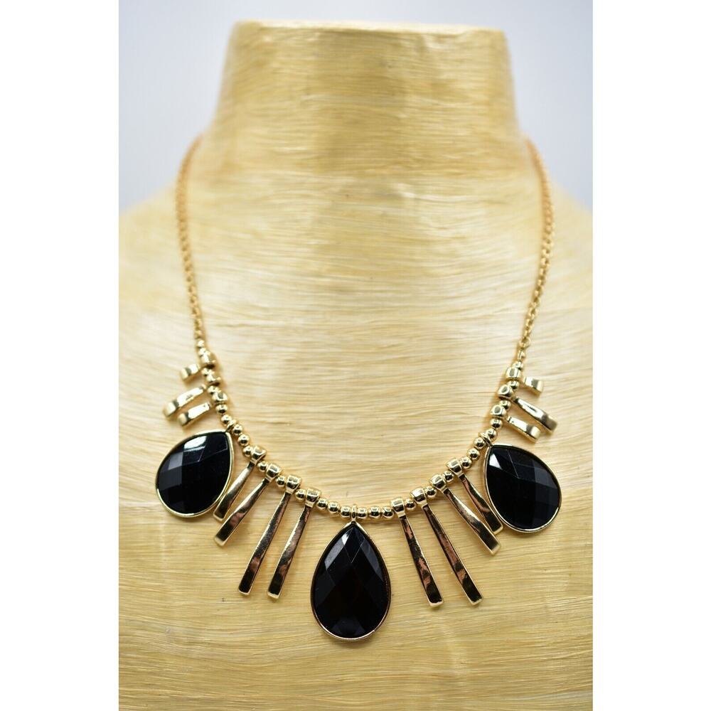 SHA Statement Collar Necklace Gold Tone Black Lucite Chunky 90s Costume Jewelry